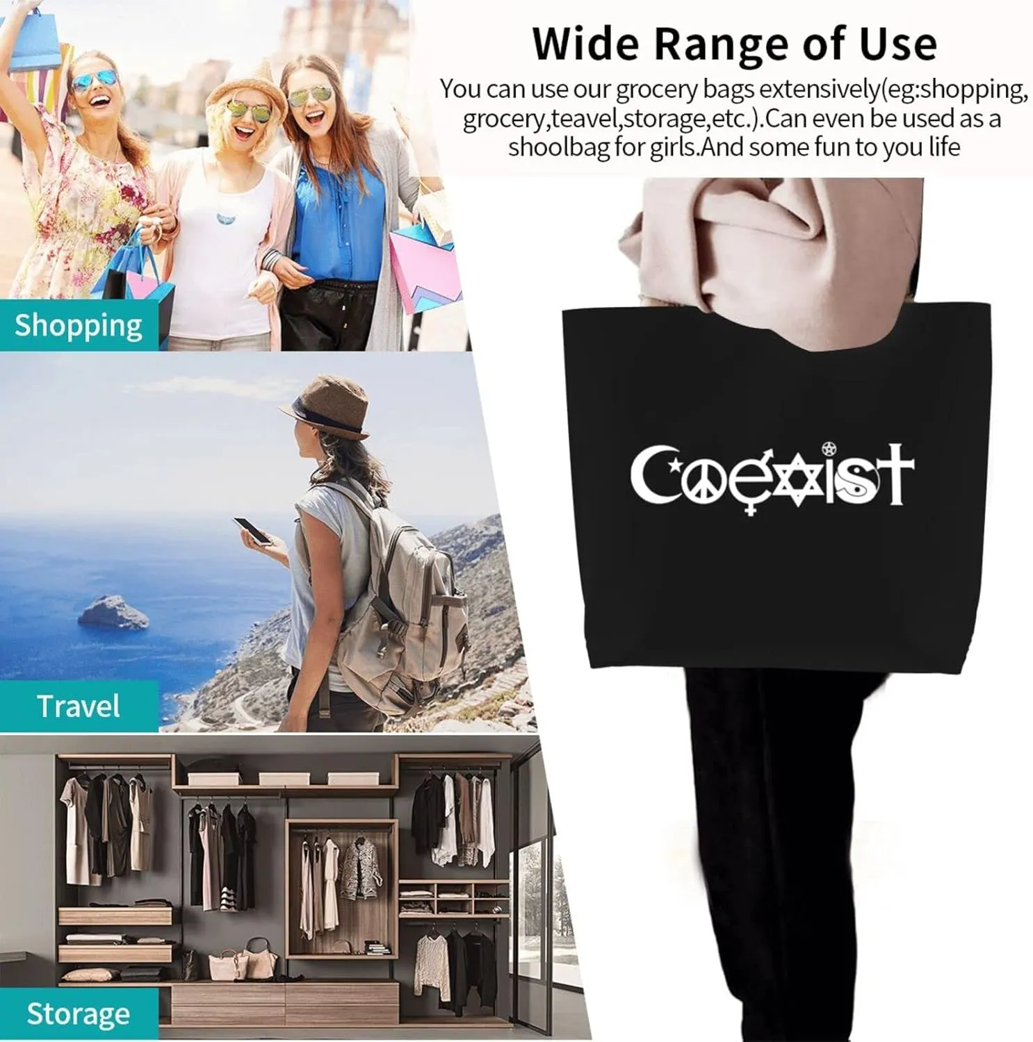 Original Coexist Symbols Women'S Lightweight Canvas Handbag Reusable Shopping Bag