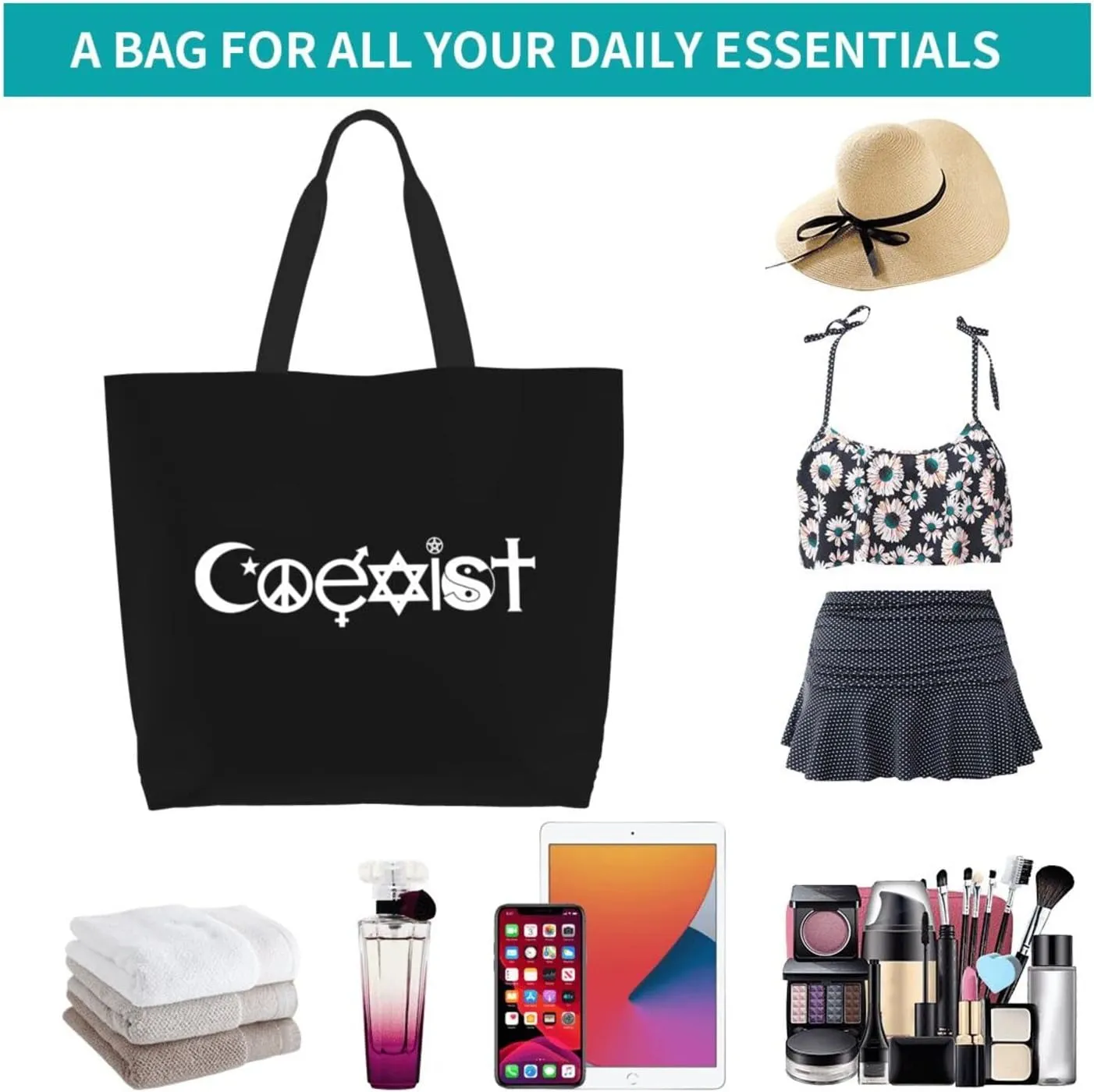 Original Coexist Symbols Women'S Lightweight Canvas Handbag Reusable Shopping Bag