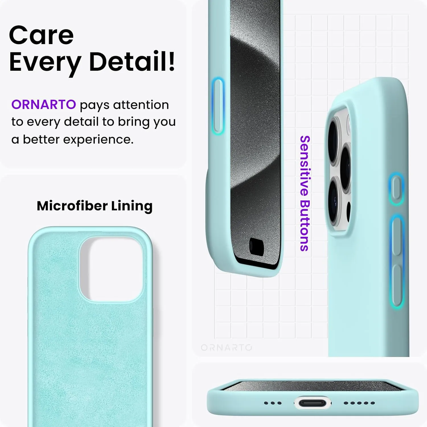 ORNARTO Compatible with iPhone 15 Pro Case 6.1", Liquid Silicone 3 Layers Full Covered Soft Gel Rubber Cover, Shockproof Protective Slim Phone Case with Anti-Scratch Microfiber Lining-Aqua Blue