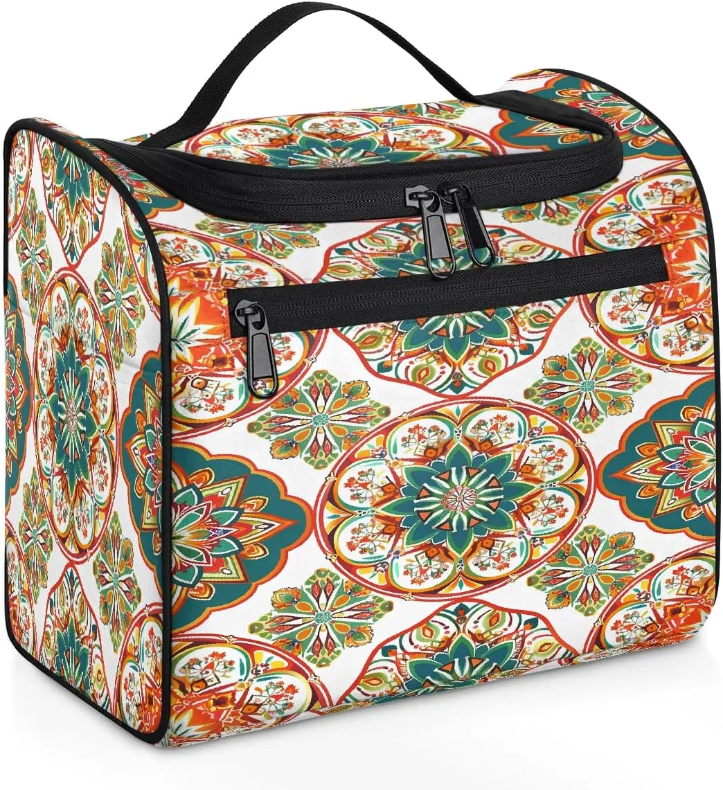 OSAM SPACE Floral Mandala Hanging Toiletry Bag for Women Men, Boho Flower Large Capacity Travel Cosmetic Bag Makeup Organizer for Shampoo Bathroom Shower