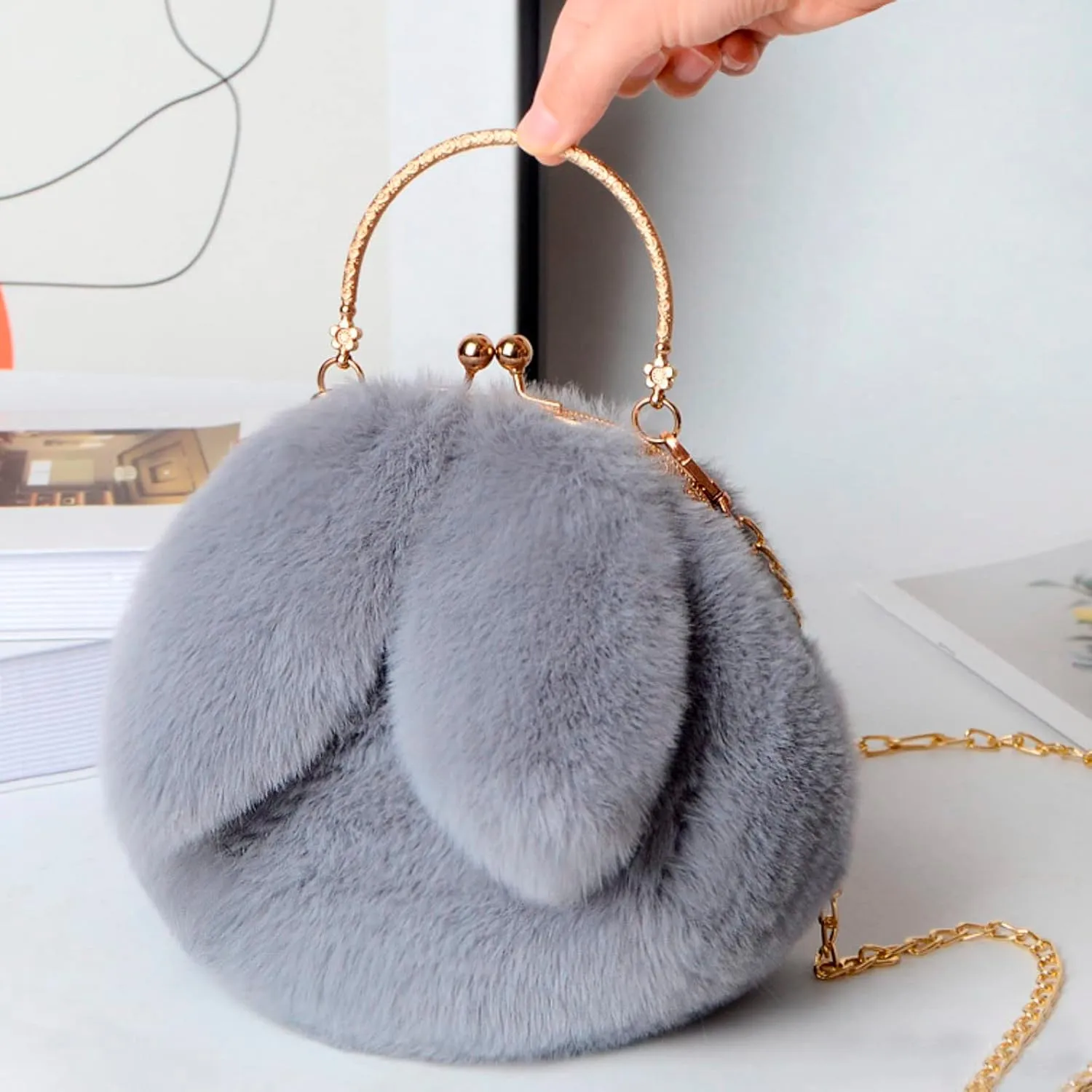 Outdoor Cute Ladies Shoulder Bag Casual Shopping Messenger Bag Round Cat Ear Plush Handbag Womens Small (One Size)
