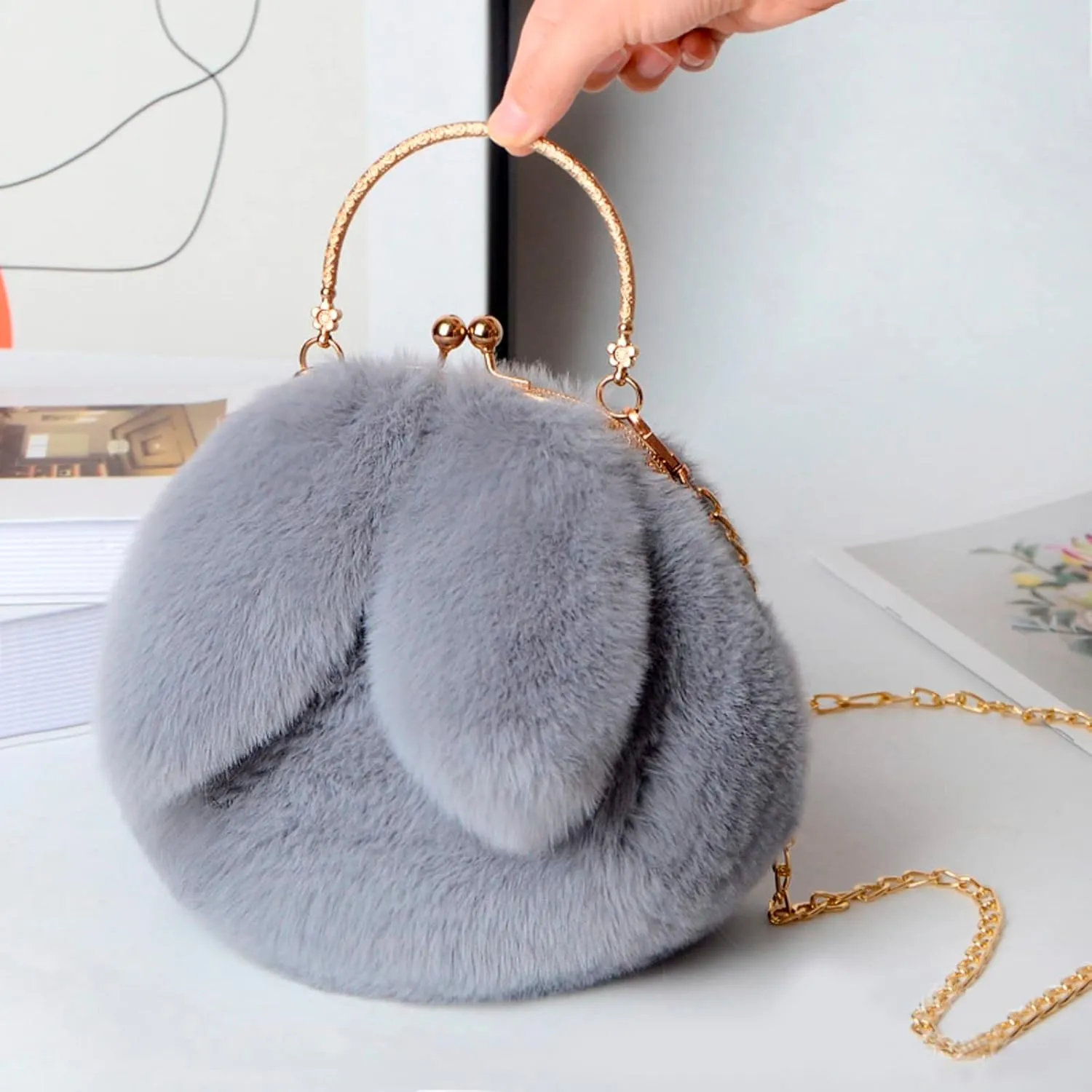 Outdoor Cute Ladies Shoulder Bag Casual Shopping Messenger Bag Round Cat Ear Plush Handbag Womens Small (One Size)