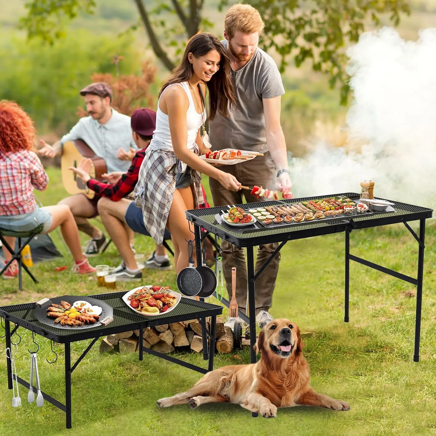 Outdoor Metal Grill Stand, Folding Picnic Camping Table 3 Ft - Portable, Lightweight, Compact & Height Adjustable Collapsible Patio BBQ Garden Table with Carry Bag
