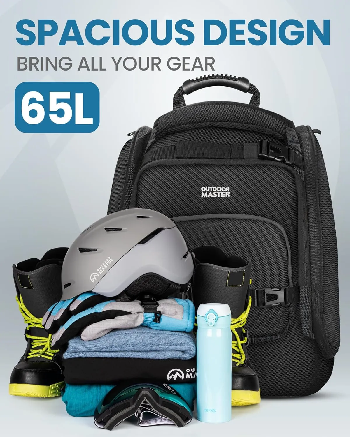 OutdoorMaster Ski Boot Bag, 65L Waterproof Ski Snowboard Boots Shoulder Pad Skiing Backpack for Helmets, Goggles Men & Women