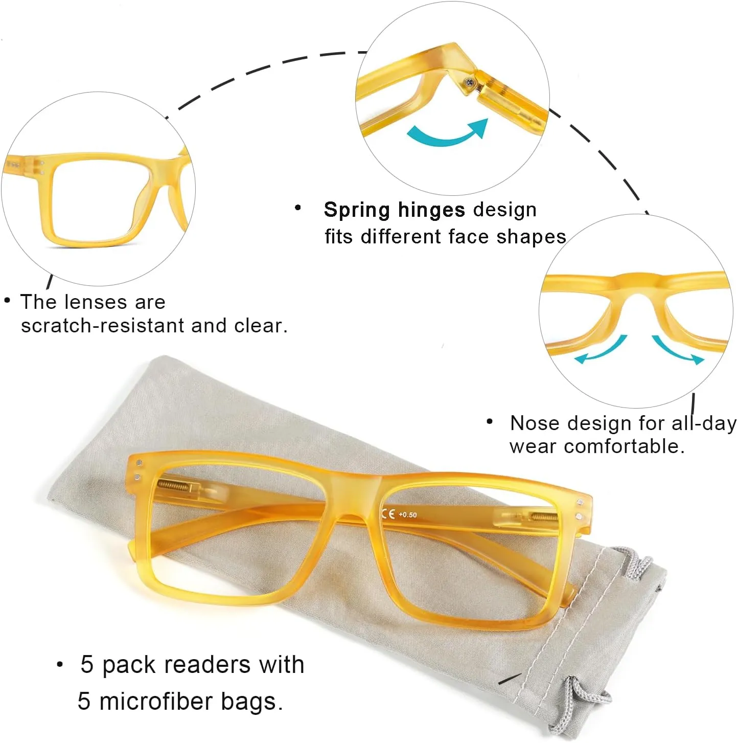 Oversized Reading Glasses for Men 2.0 Large Square Readers Women 5 Pack Cheaters Glasses with Spring Hinges