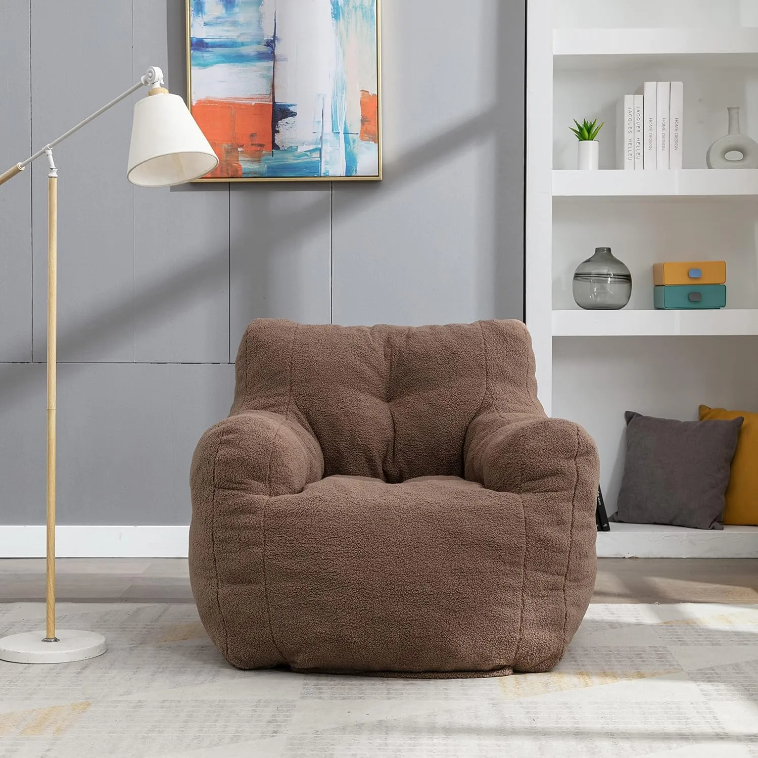 Oversized Soft Velvet and Teddy Fabric Bean Bag Chair Filled with Memory Sponge, Linen Fabric Armchair, Available in Blue, Dark Blue, Brown, White, Dark Gray and Ivory (Coffee)