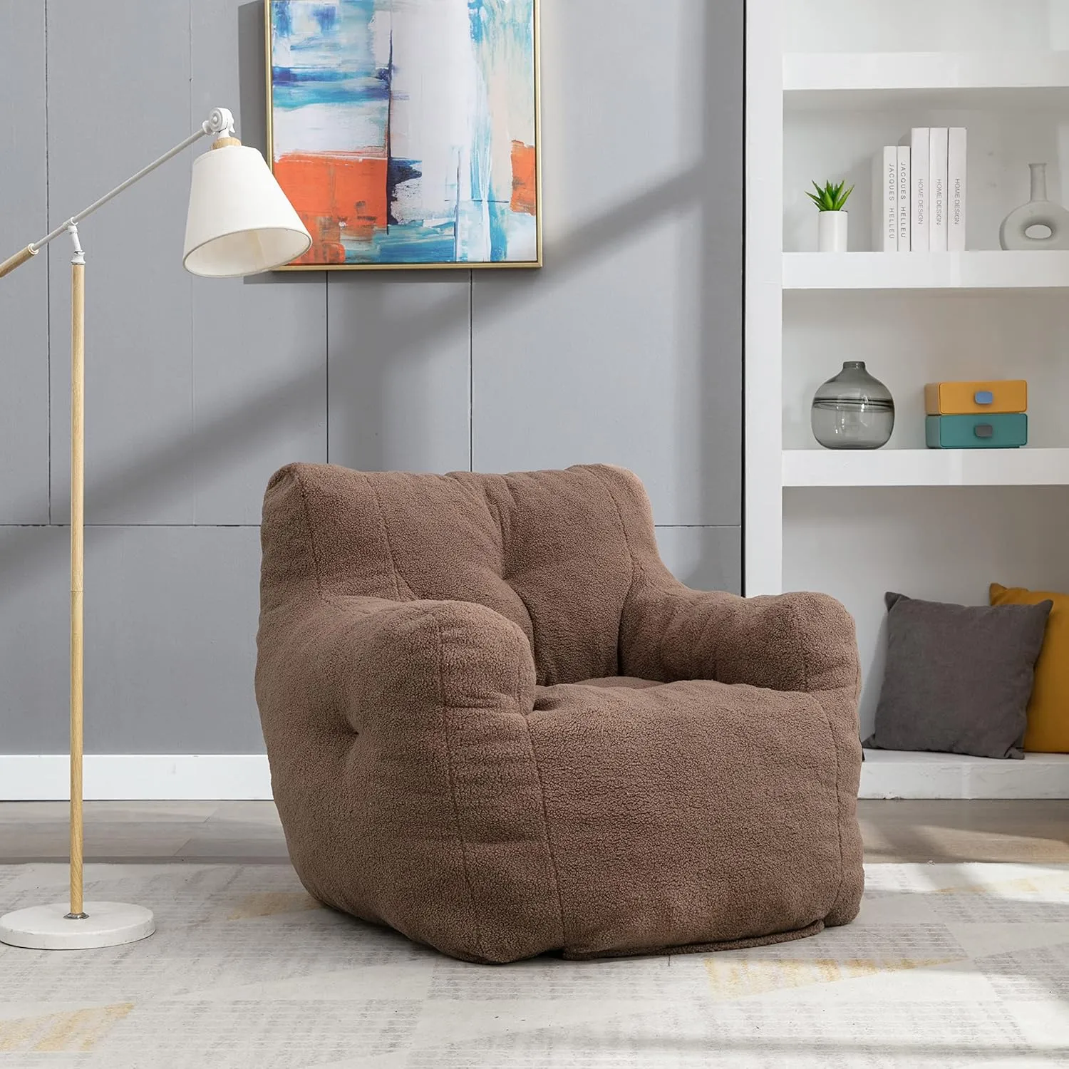 Oversized Soft Velvet and Teddy Fabric Bean Bag Chair Filled with Memory Sponge, Linen Fabric Armchair, Available in Blue, Dark Blue, Brown, White, Dark Gray and Ivory (Coffee)