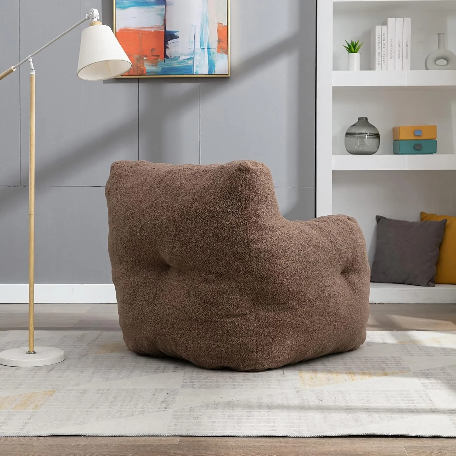 Oversized Soft Velvet and Teddy Fabric Bean Bag Chair Filled with Memory Sponge, Linen Fabric Armchair, Available in Blue, Dark Blue, Brown, White, Dark Gray and Ivory (Coffee)