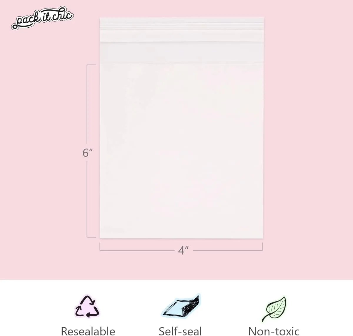 Pack It Chic - 4” X 6” (1000 Pack) Clear Resealable Cello Poly Bags - Fits 4X6 Prints, Photos, A1 Cards, Envelopes - Self Seal