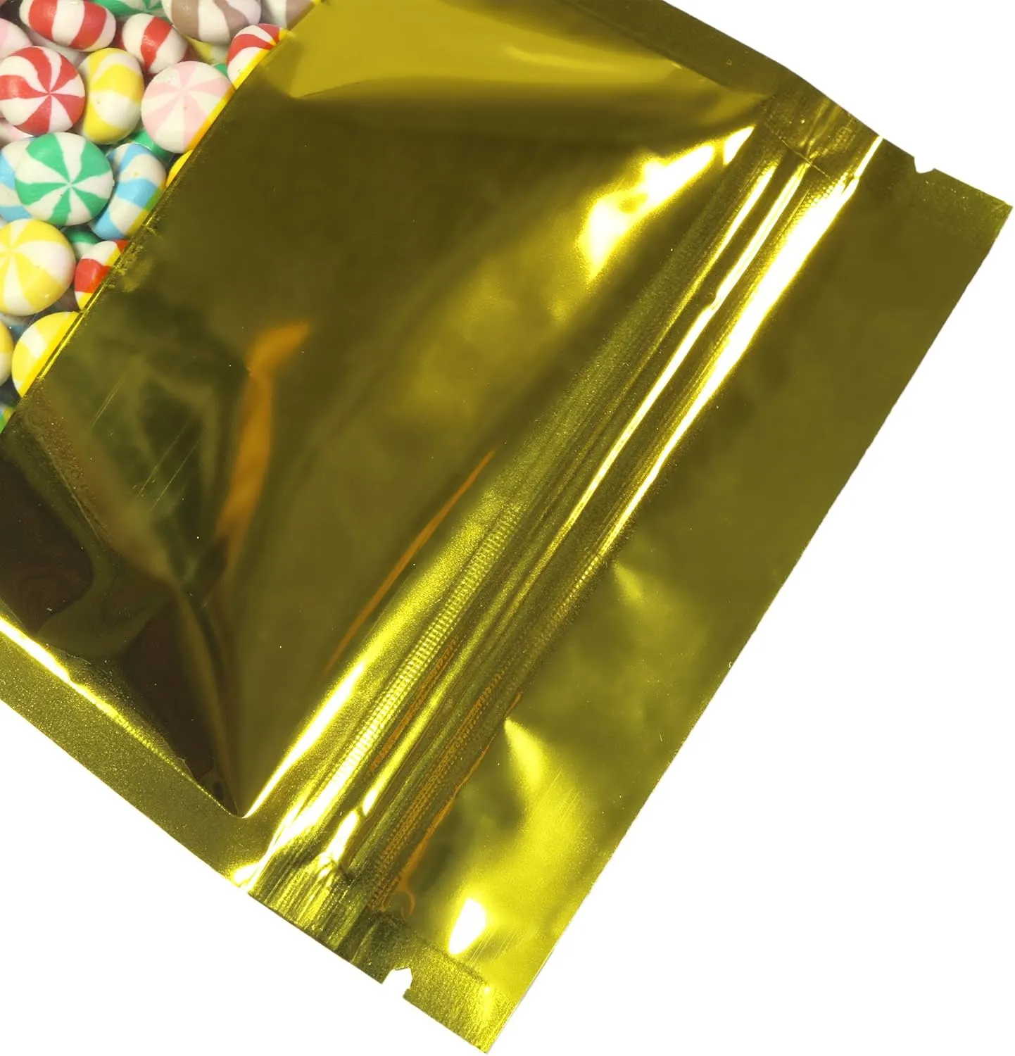 Pack of 100 Shiny Glossy Color w/Clear Window Stand-Up Heat Sealable Zip Top Bags (Shiny Gold w/Window, 14x20cm (5.5x7.9"))