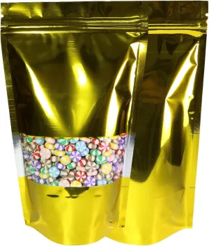 Pack of 100 Shiny Glossy Color w/Clear Window Stand-Up Heat Sealable Zip Top Bags (Shiny Gold w/Window, 14x20cm (5.5x7.9"))