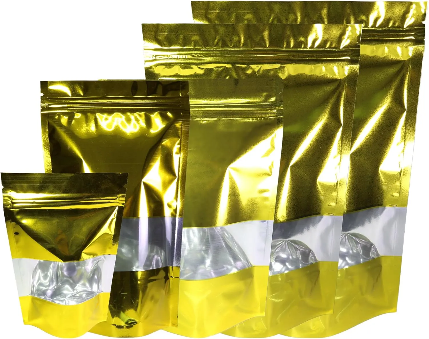Pack of 100 Shiny Glossy Color w/Clear Window Stand-Up Heat Sealable Zip Top Bags (Shiny Gold w/Window, 14x20cm (5.5x7.9"))