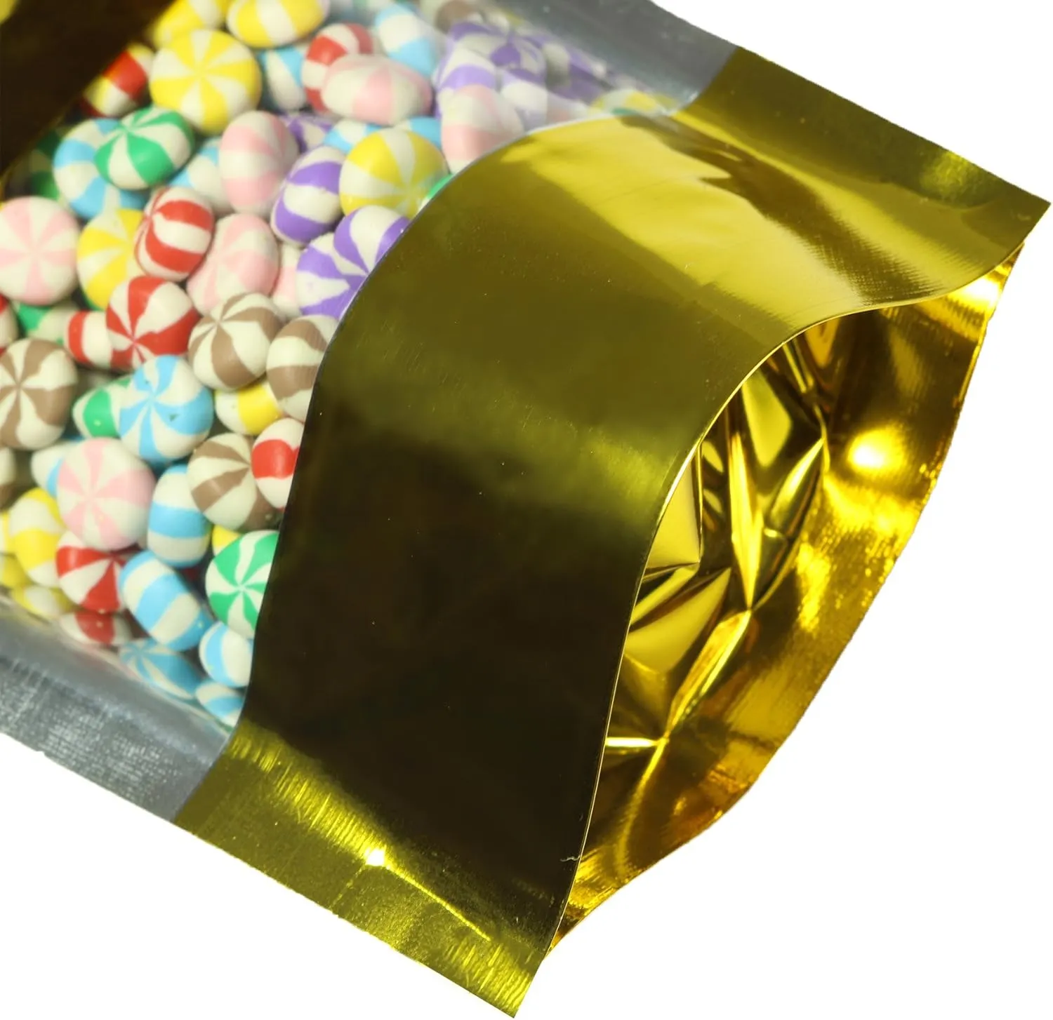 Pack of 100 Shiny Glossy Color w/Clear Window Stand-Up Heat Sealable Zip Top Bags (Shiny Gold w/Window, 14x20cm (5.5x7.9"))
