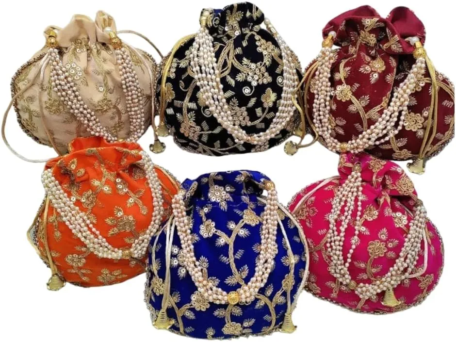 Pack of 5 Handmade Women's Velvet Embroidered Potli Purse Bag Pouch Drawstring Bag Indian Potli Handbag