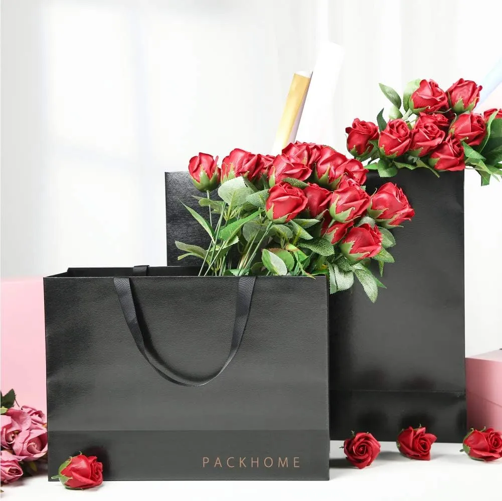 PACKHOME 10 Large Gift Bags 14.5x5x10.5 Inches, Black Premium Gift Bags with Handles for Gift Giving (Glossy Black with Grass Texture)