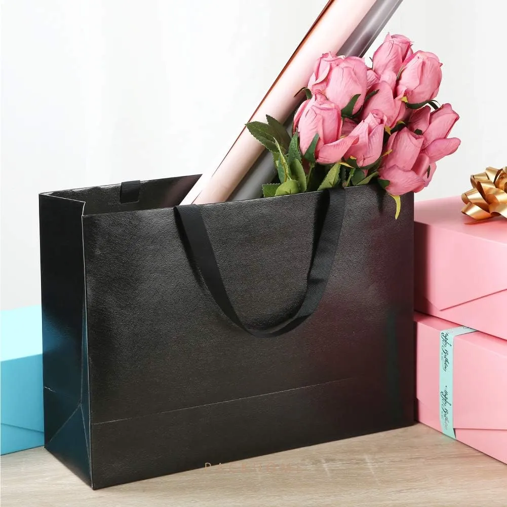 PACKHOME 10 Large Gift Bags 14.5x5x10.5 Inches, Black Premium Gift Bags with Handles for Gift Giving (Glossy Black with Grass Texture)
