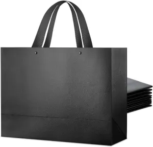 PACKHOME 10 Large Gift Bags 14.5x5x10.5 Inches, Black Premium Gift Bags with Handles for Gift Giving (Glossy Black with Grass Texture)