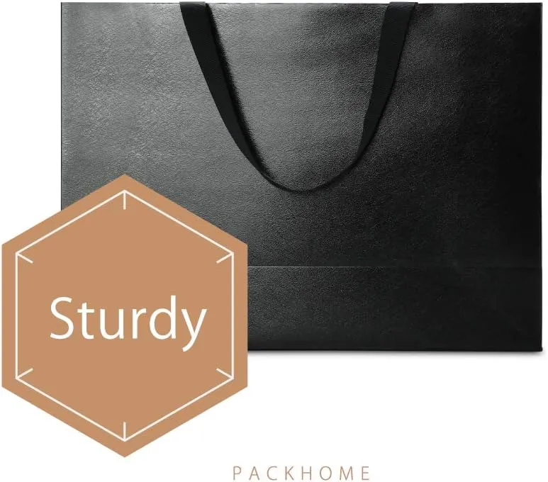 PACKHOME 10 Large Gift Bags 14.5x5x10.5 Inches, Black Premium Gift Bags with Handles for Gift Giving (Glossy Black with Grass Texture)