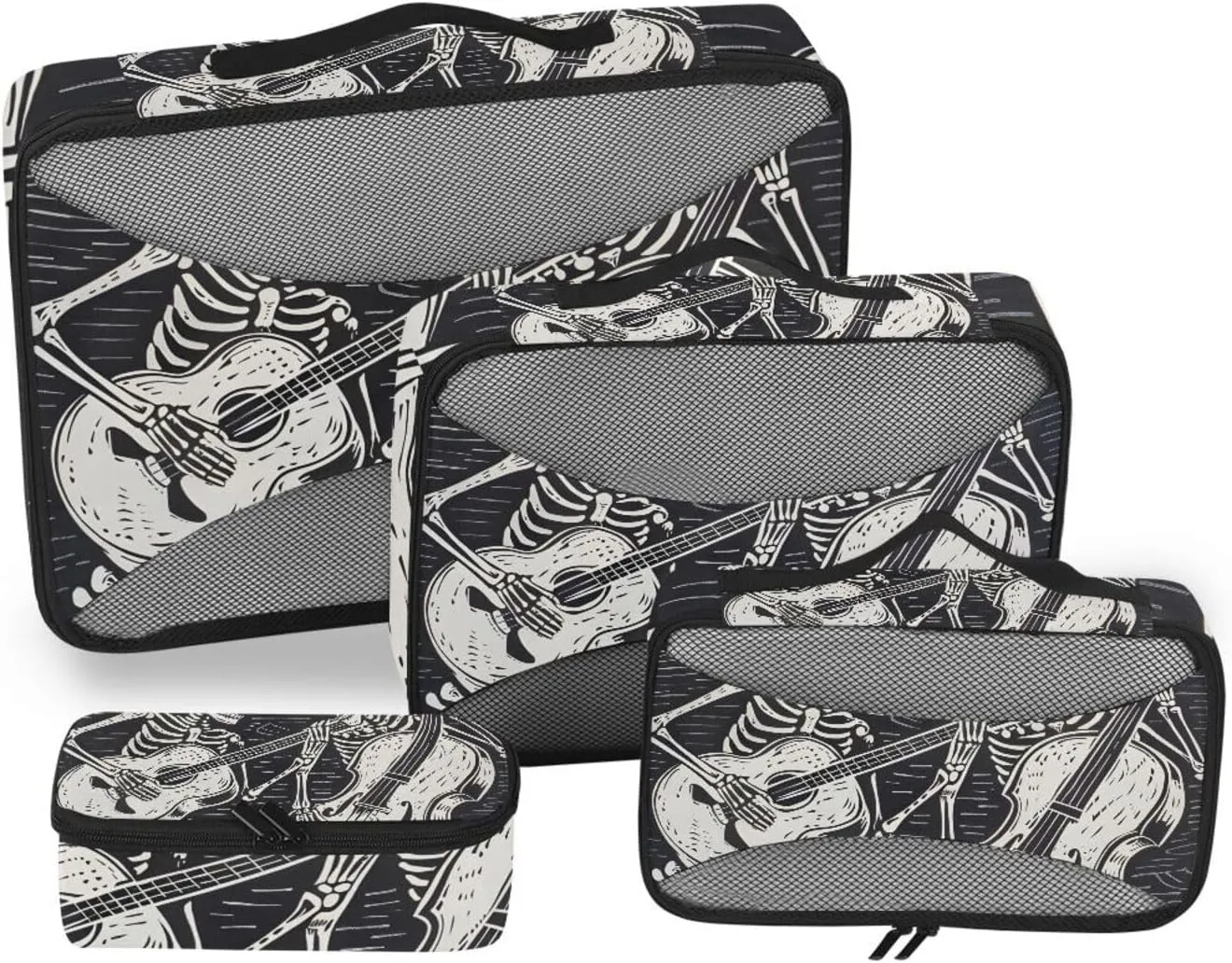 Packing Cubes for Travel 4 Set Black Woodcut Skeletons Funny Skull Luggage Set Suitcase Organizer Bags Mesh Accessories Storage Pouch Toiletry Packing Cubes