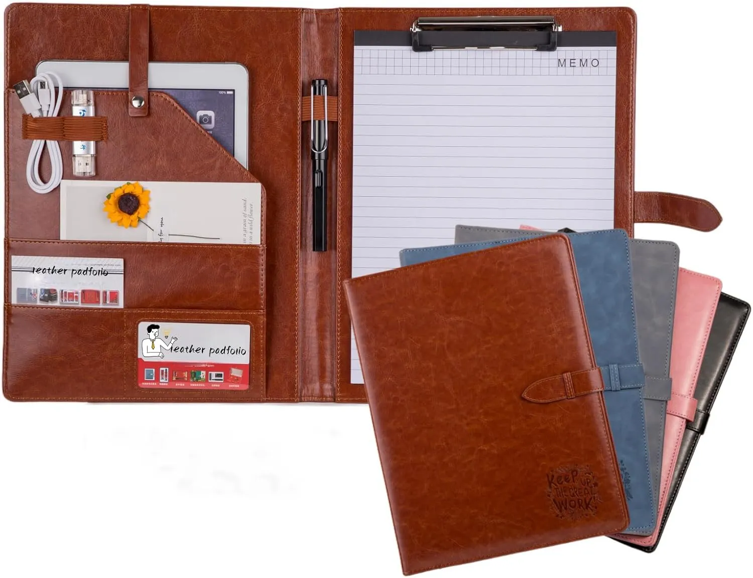 Padfolio Portfolio Leather Binder, Interview Legal Document Organizer, Padfolio Clipboard Folder, Business Card Holder Included 2pcs Letter Sized Writing Pad (Brown)