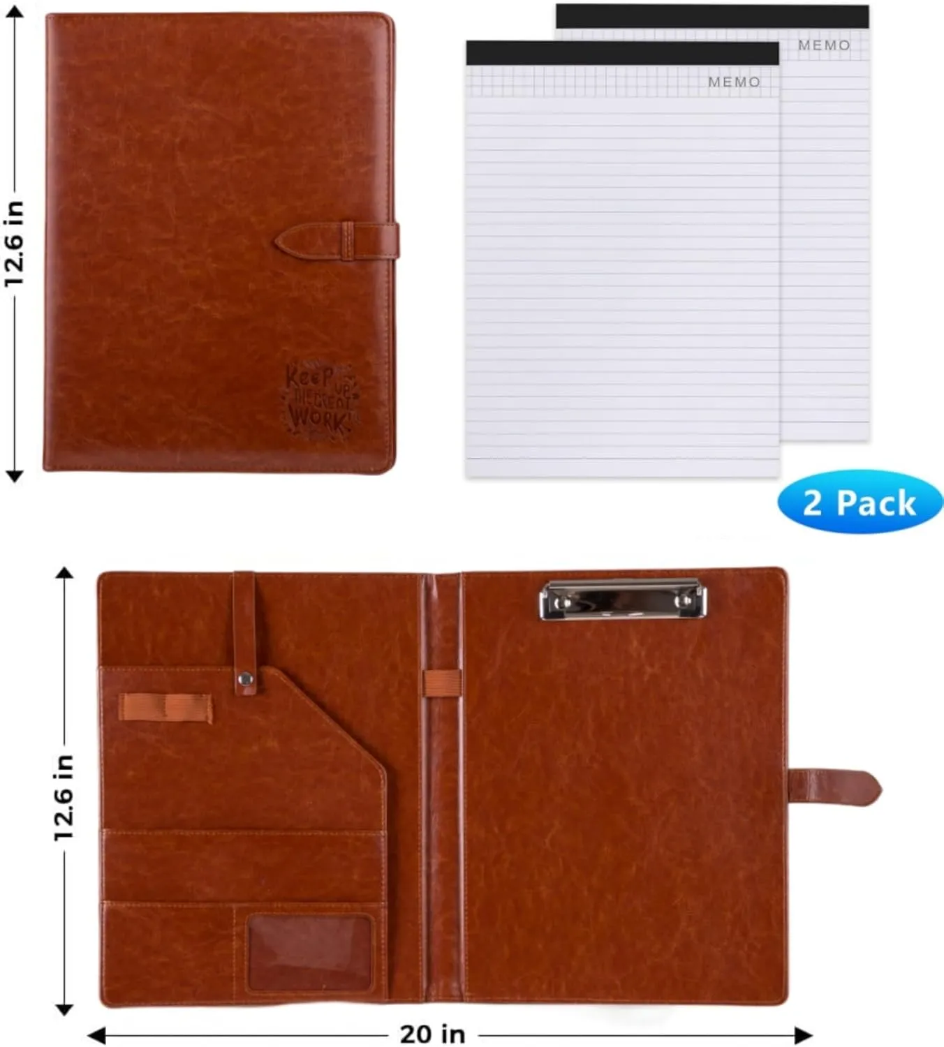 Padfolio Portfolio Leather Binder, Interview Legal Document Organizer, Padfolio Clipboard Folder, Business Card Holder Included 2pcs Letter Sized Writing Pad (Brown)