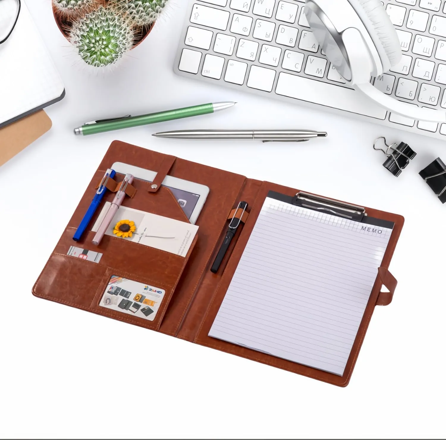 Padfolio Portfolio Leather Binder, Interview Legal Document Organizer, Padfolio Clipboard Folder, Business Card Holder Included 2pcs Letter Sized Writing Pad (Brown)
