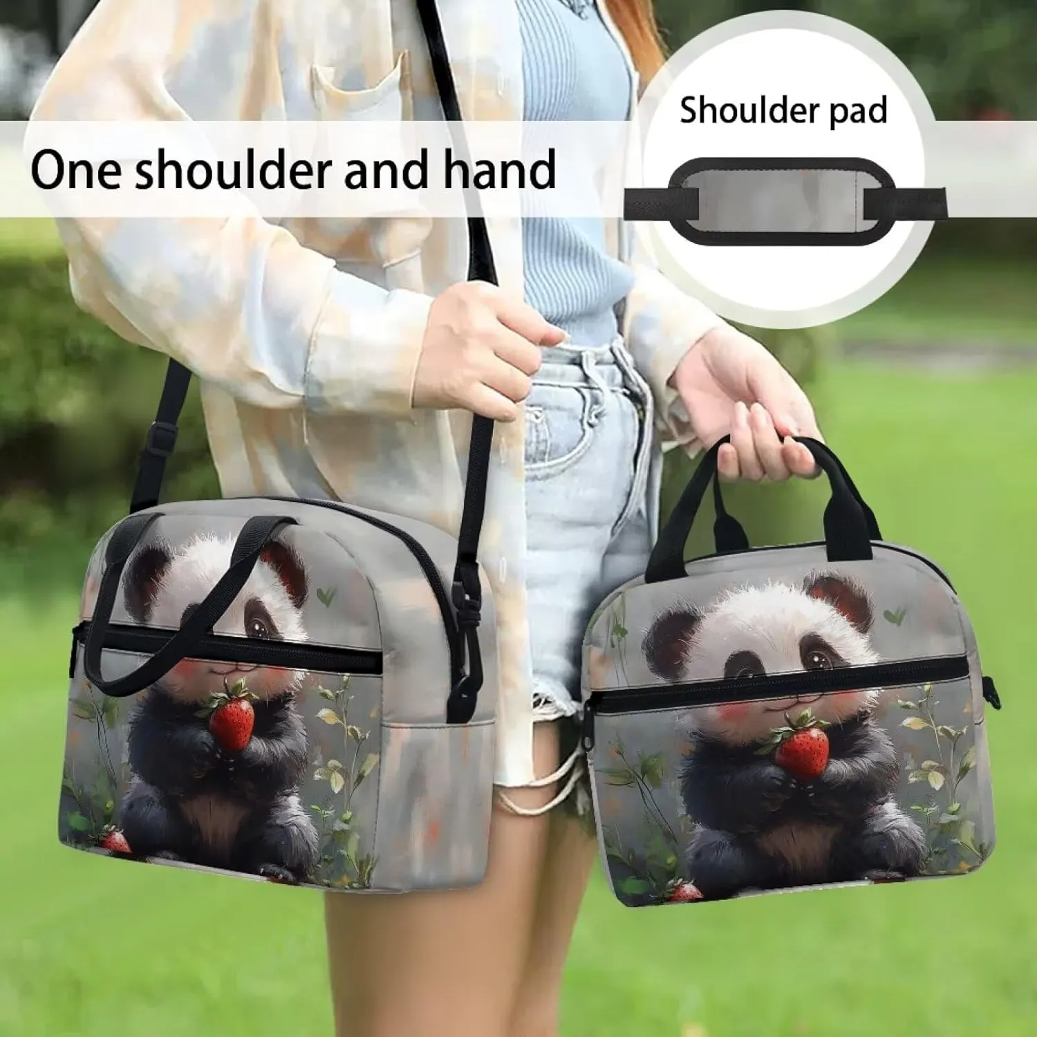 Panda Lunch Tote Bag Cute Animal Lunchbag with Detachable Shoulder Strap Reusable Lunchbox Pouch for Teens Girls Lightweight Lunch Box Bags