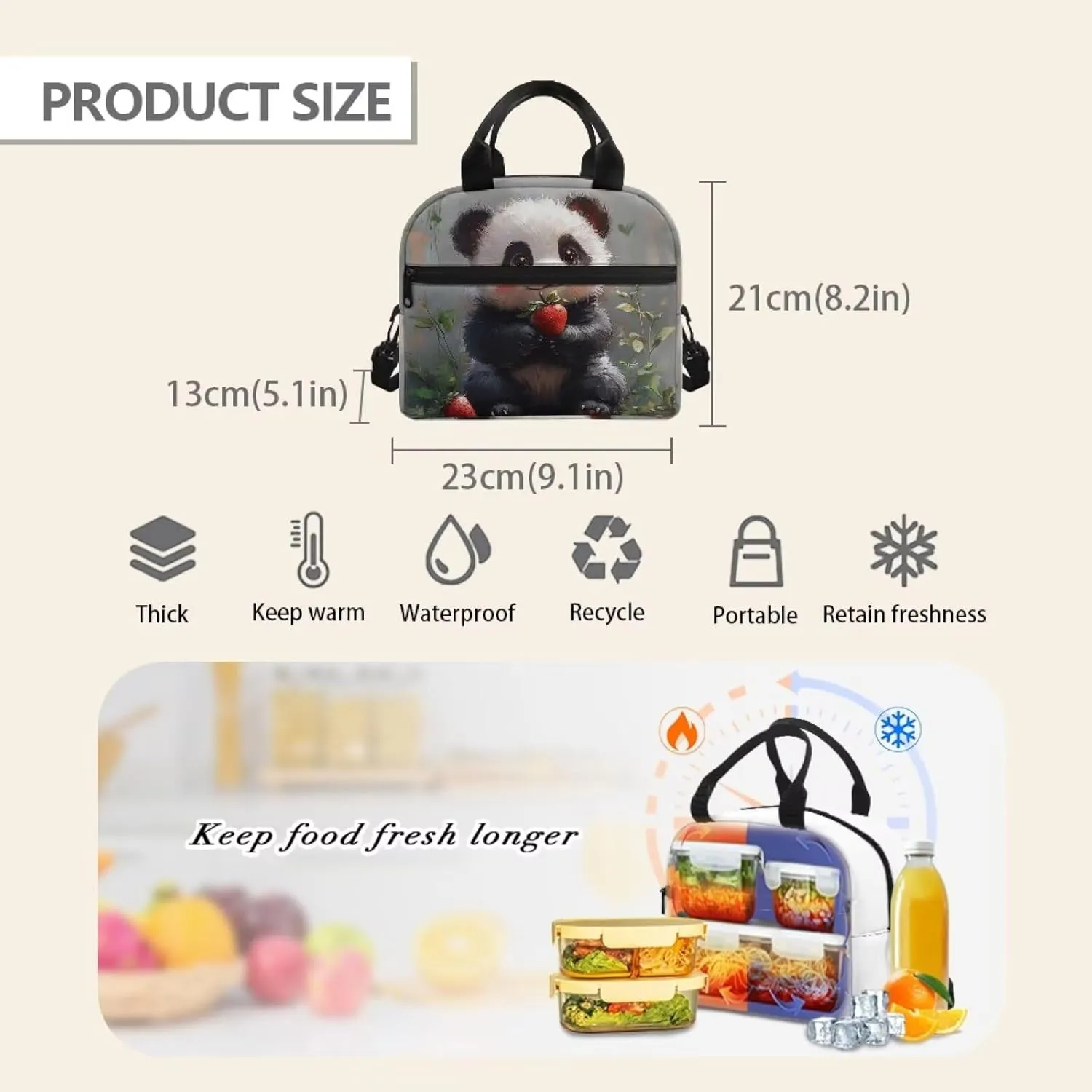 Panda Lunch Tote Bag Cute Animal Lunchbag with Detachable Shoulder Strap Reusable Lunchbox Pouch for Teens Girls Lightweight Lunch Box Bags