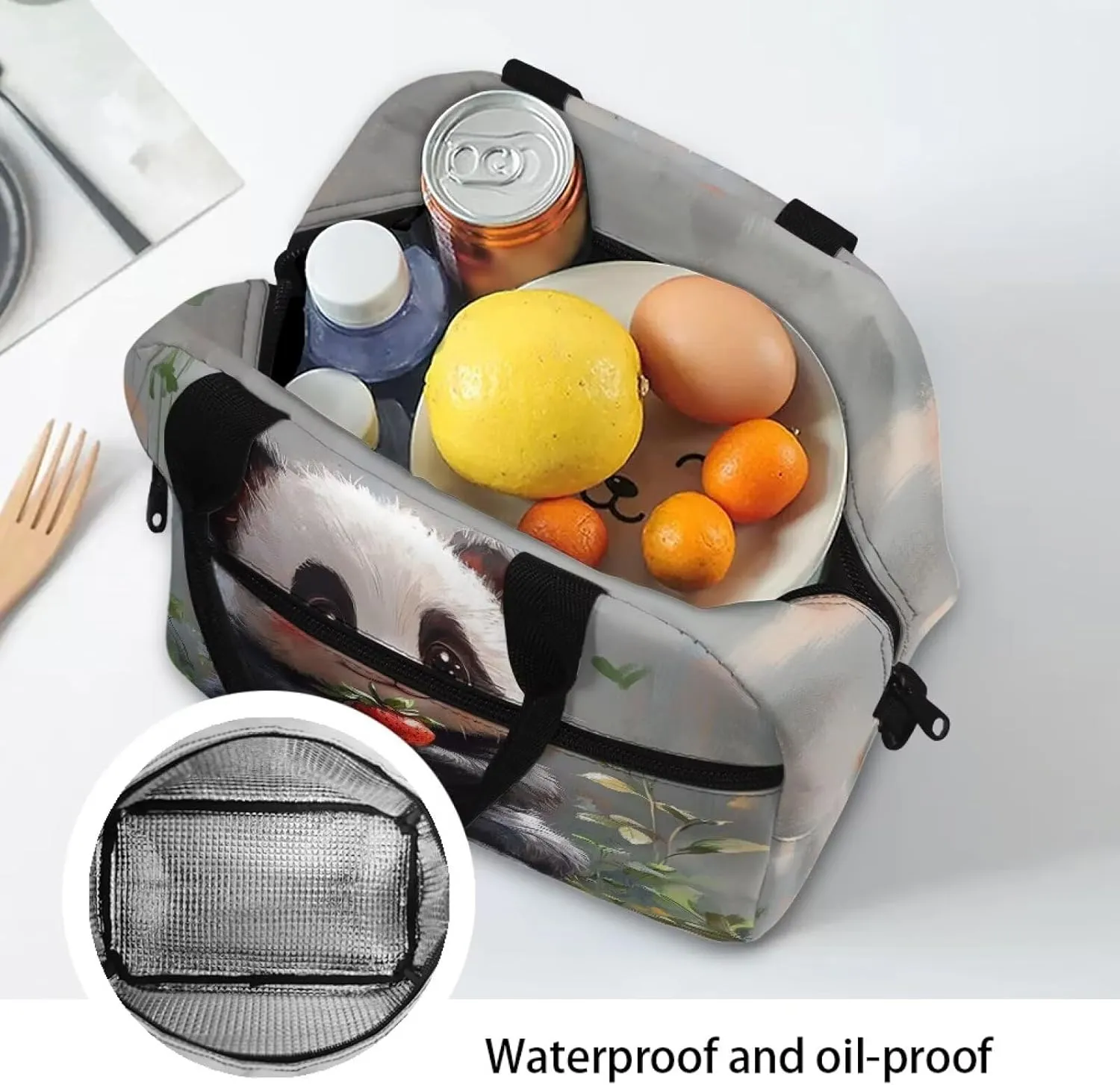 Panda Lunch Tote Bag Cute Animal Lunchbag with Detachable Shoulder Strap Reusable Lunchbox Pouch for Teens Girls Lightweight Lunch Box Bags
