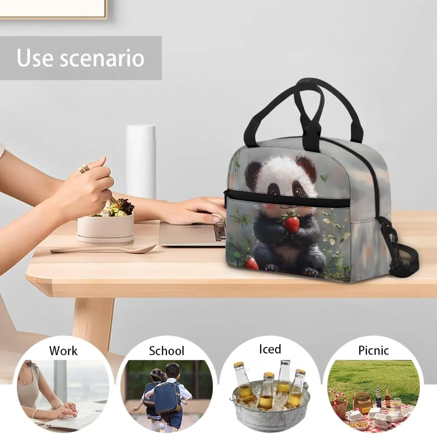 Panda Lunch Tote Bag Cute Animal Lunchbag with Detachable Shoulder Strap Reusable Lunchbox Pouch for Teens Girls Lightweight Lunch Box Bags