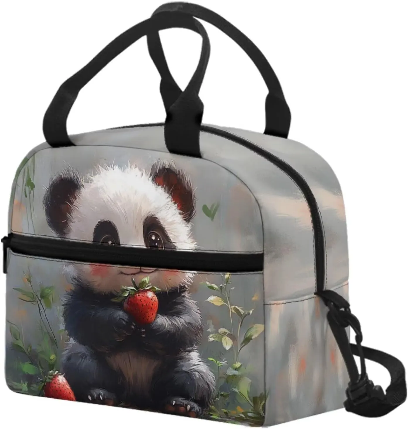 Panda Lunch Tote Bag Cute Animal Lunchbag with Detachable Shoulder Strap Reusable Lunchbox Pouch for Teens Girls Lightweight Lunch Box Bags