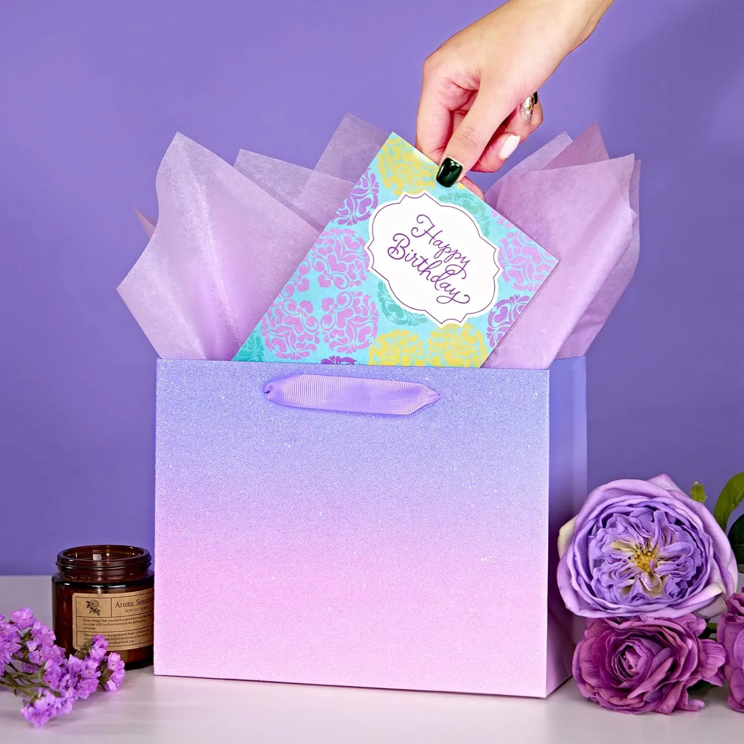 PAPER FAIR 12Pcs Ombre Purple Pink Gift Bags Bulk w/ 24 Tissue Paper, 9 x 7 In, Gradient Pastel Glitter Paper Gift Wrap Bag, Recyclable Gift Packaging for Wedding Birthday Mother's Day Baby Shower