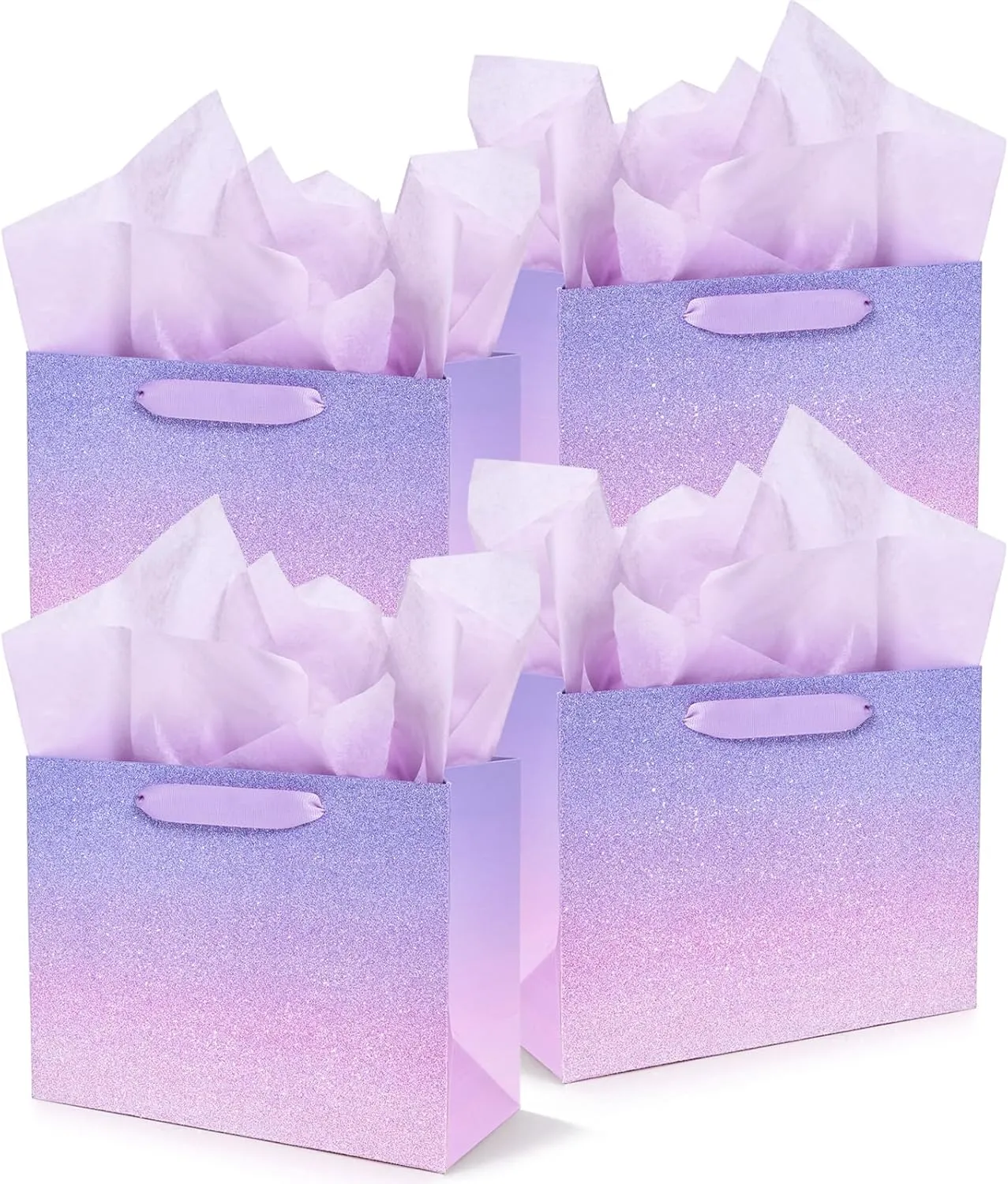 PAPER FAIR 12Pcs Ombre Purple Pink Gift Bags Bulk w/ 24 Tissue Paper, 9 x 7 In, Gradient Pastel Glitter Paper Gift Wrap Bag, Recyclable Gift Packaging for Wedding Birthday Mother's Day Baby Shower