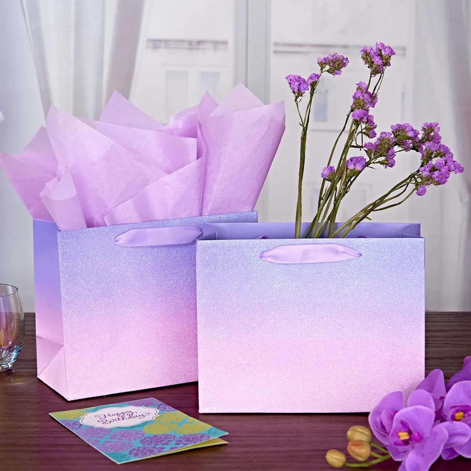 PAPER FAIR 12Pcs Ombre Purple Pink Gift Bags Bulk w/ 24 Tissue Paper, 9 x 7 In, Gradient Pastel Glitter Paper Gift Wrap Bag, Recyclable Gift Packaging for Wedding Birthday Mother's Day Baby Shower