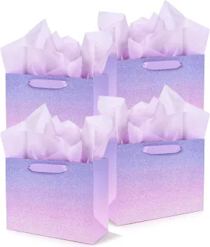 PAPER FAIR 12Pcs Ombre Purple Pink Gift Bags Bulk w/ 24 Tissue Paper, 9 x 7 In, Gradient Pastel Glitter Paper Gift Wrap Bag, Recyclable Gift Packaging for Wedding Birthday Mother's Day Baby Shower