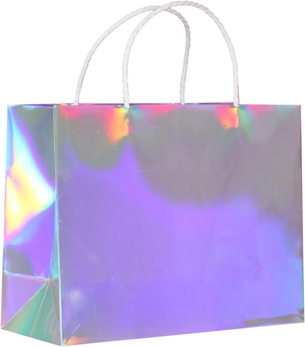 PAPERIST 6pcs 11.8x4.7x9 (2) Medium, Holographic Silver Coating Gift Bags with Premium White Handles, Glossy Laminated Paper Bags