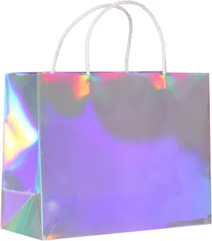 PAPERIST 6pcs 11.8x4.7x9 (2) Medium, Holographic Silver Coating Gift Bags with Premium White Handles, Glossy Laminated Paper Bags
