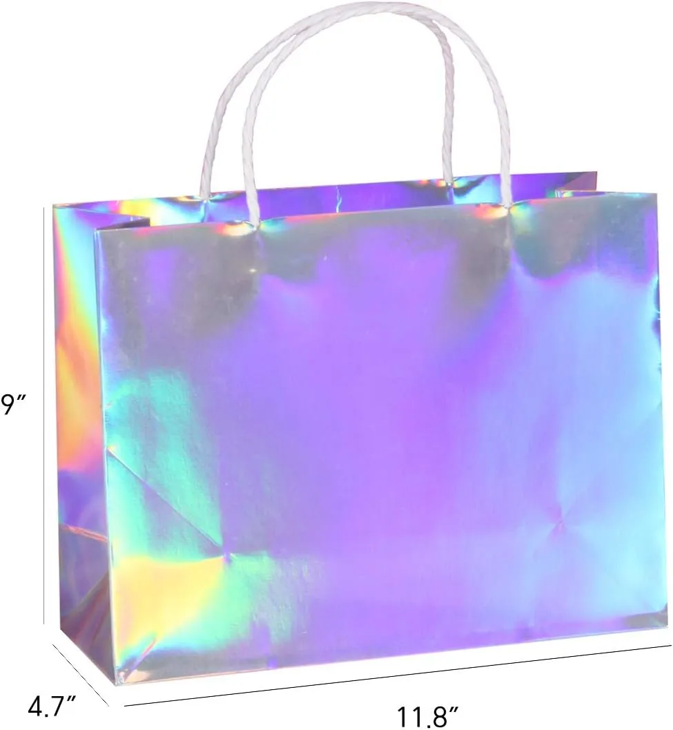 PAPERIST 6pcs 11.8x4.7x9 (2) Medium, Holographic Silver Coating Gift Bags with Premium White Handles, Glossy Laminated Paper Bags