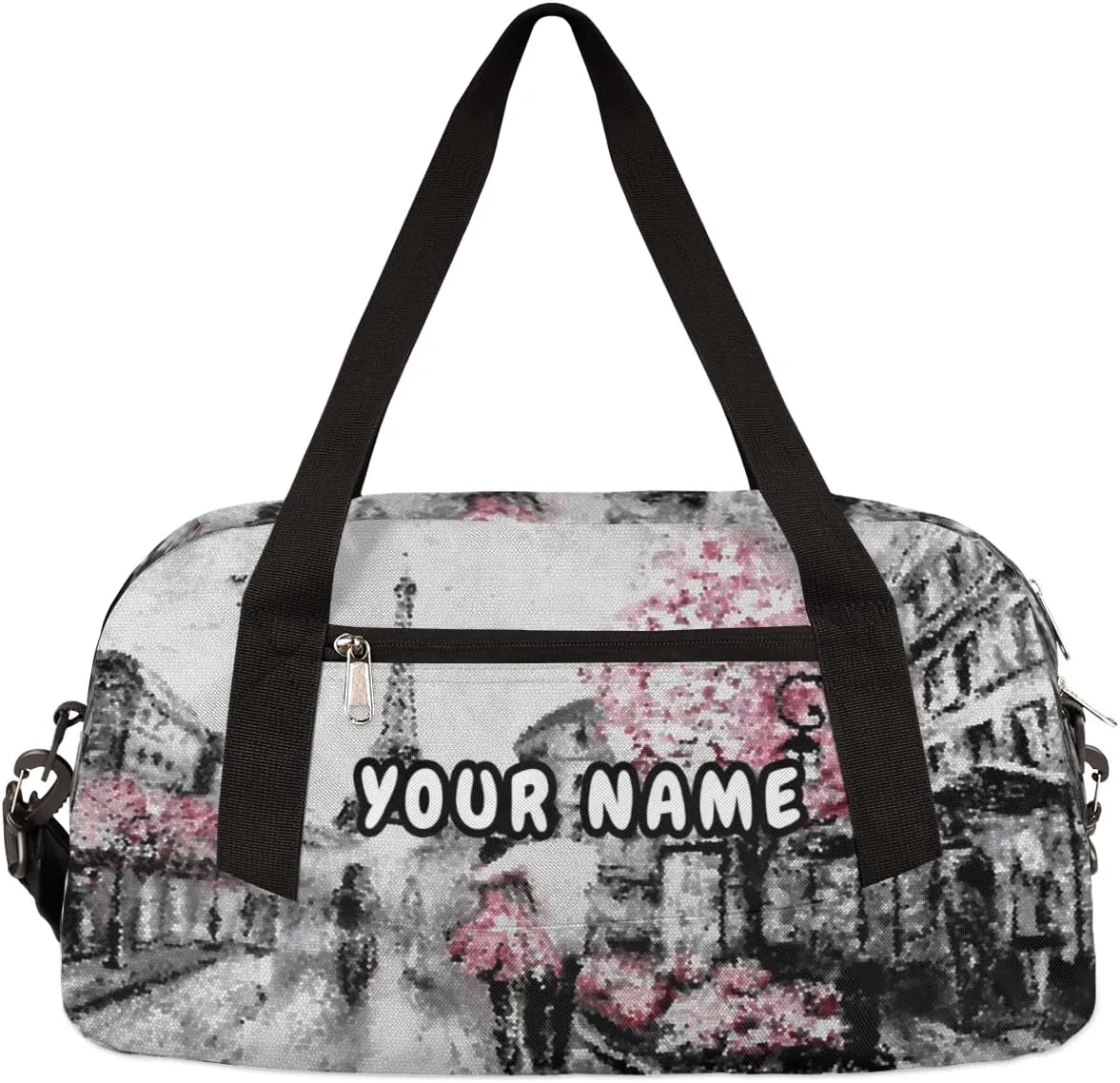 Paris Eiffel Tower Painting Personalized Kids Duffel Bag for Girls, Tower Debris Custom Name Dance Bag Overnight Small Duffel Bag Carry On Weekend Travel Bag for School Practice Gymnastics Ballet