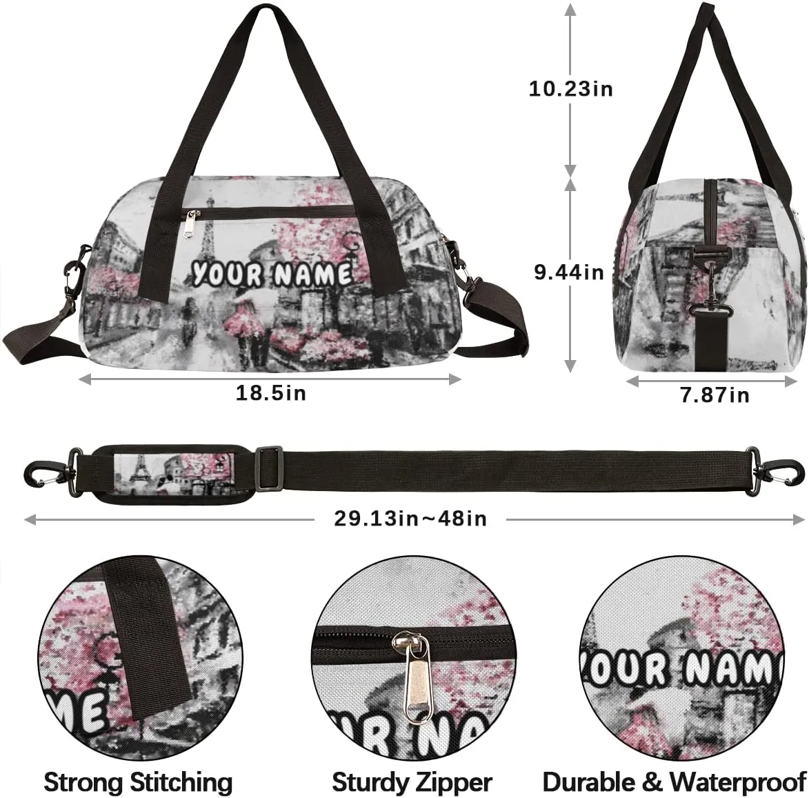Paris Eiffel Tower Painting Personalized Kids Duffel Bag for Girls, Tower Debris Custom Name Dance Bag Overnight Small Duffel Bag Carry On Weekend Travel Bag for School Practice Gymnastics Ballet