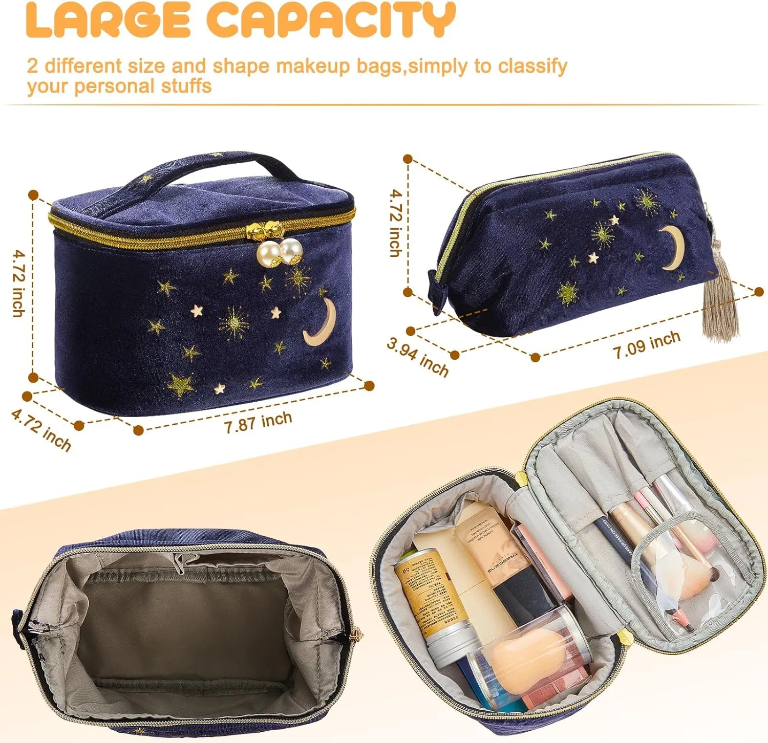 Patelai 2 Pcs Velvet Stars Makeup Bag Cosmetic Bag Handy Travel Starry Makeup Pouch Portable Embroidered Pouch Toiletry Wash Bag Cute Storage Bag Clutch Handbags(Navy,Sun Moon)