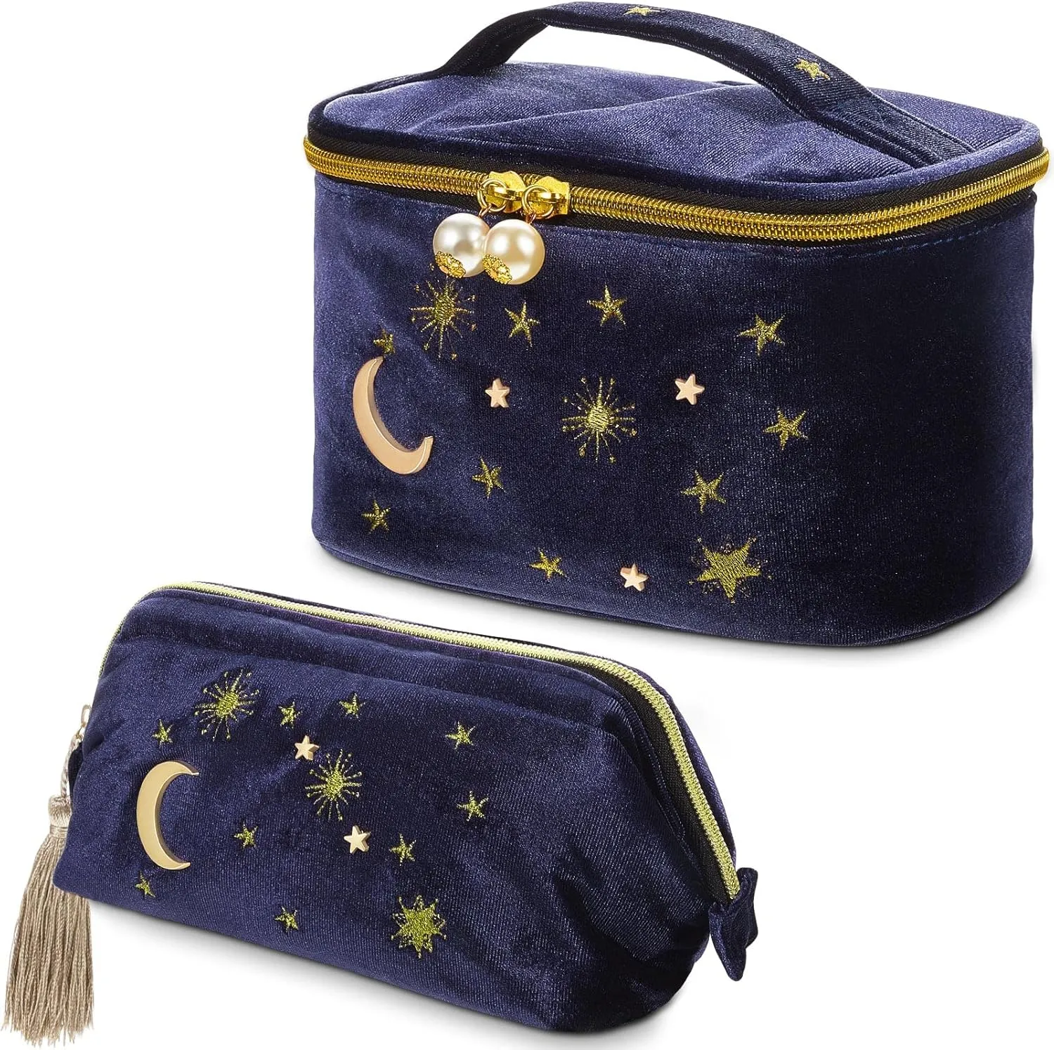 Patelai 2 Pcs Velvet Stars Makeup Bag Cosmetic Bag Handy Travel Starry Makeup Pouch Portable Embroidered Pouch Toiletry Wash Bag Cute Storage Bag Clutch Handbags(Navy,Sun Moon)