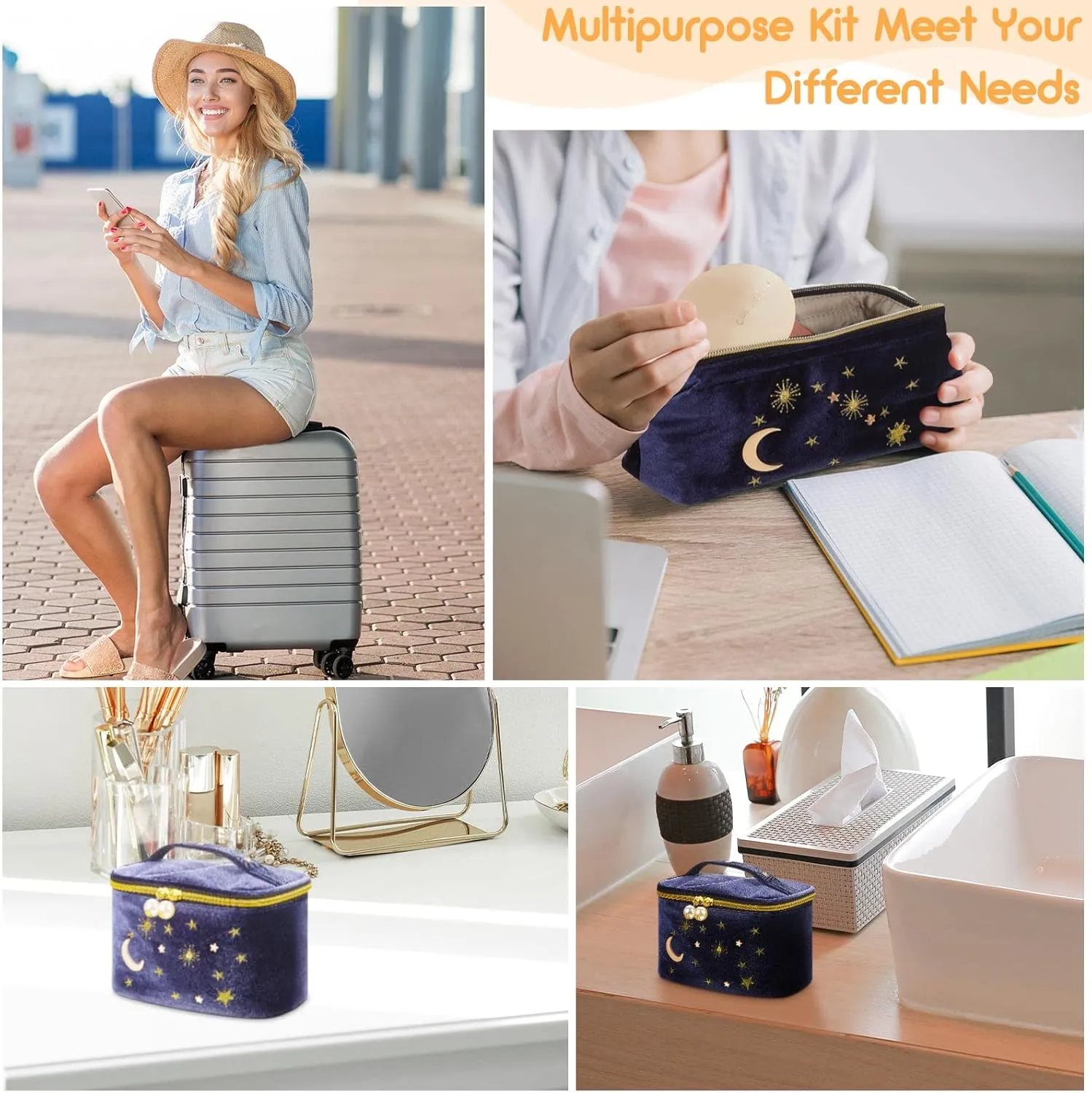 Patelai 2 Pcs Velvet Stars Makeup Bag Cosmetic Bag Handy Travel Starry Makeup Pouch Portable Embroidered Pouch Toiletry Wash Bag Cute Storage Bag Clutch Handbags(Navy,Sun Moon)