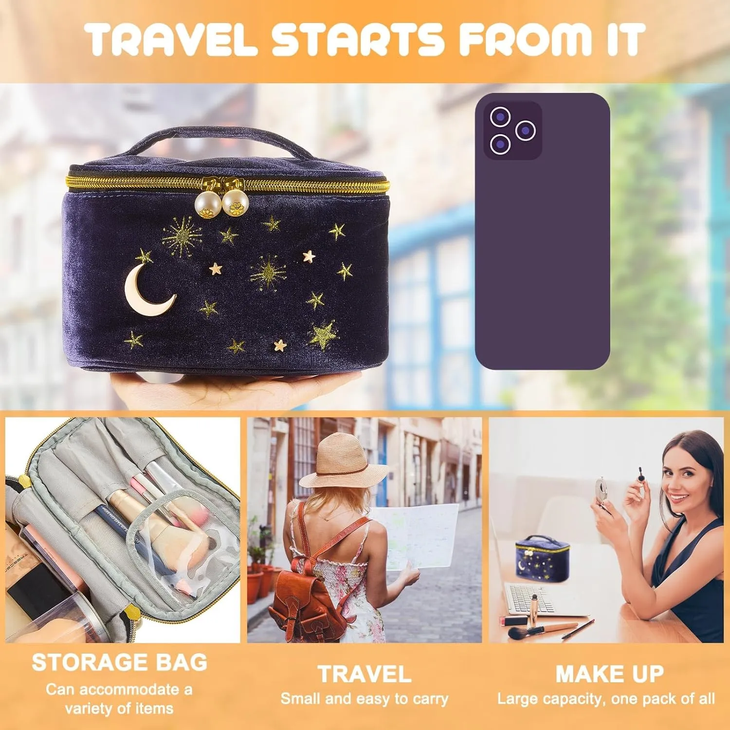 Patelai 2 Pcs Velvet Stars Makeup Bag Cosmetic Bag Handy Travel Starry Makeup Pouch Portable Embroidered Pouch Toiletry Wash Bag Cute Storage Bag Clutch Handbags(Navy,Sun Moon)