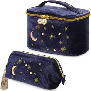 Patelai 2 Pcs Velvet Stars Makeup Bag Cosmetic Bag Handy Travel Starry Makeup Pouch Portable Embroidered Pouch Toiletry Wash Bag Cute Storage Bag Clutch Handbags(Navy,Sun Moon)