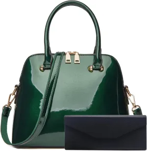 Patent Leather Dome Satchel Purse Zip-around Handbag Multi-Pocket Shoulder Bag Shiny Large Top-handle Shell Bag