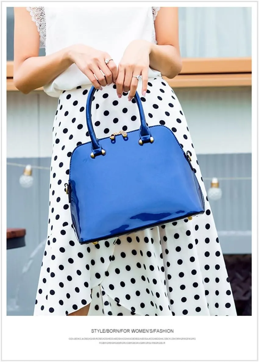 Patent Leather Dome Satchel Purse Zip-around Handbag Multi-Pocket Shoulder Bag Shiny Large Top-handle Shell Bag