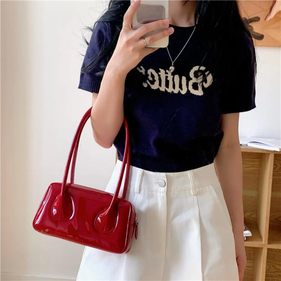 Patent Leather Shoulder Bag for Women Top Handle Bag Cute Versatile Satchel Handbag Purses Aesthetic Underarm Bag