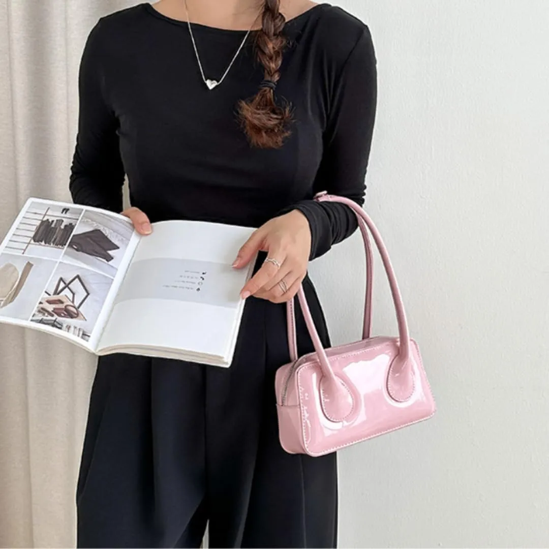 Patent Leather Shoulder Bag for Women Top Handle Bag Cute Versatile Satchel Handbag Purses Aesthetic Underarm Bag