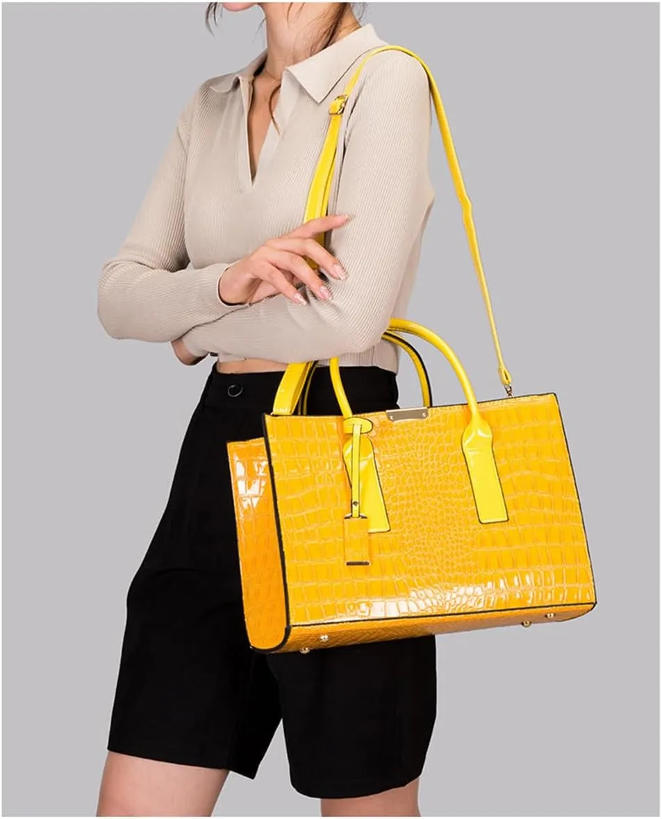 Patent Leather Tote Purse for Women Crocodile Print Glossy Shoulder Handbag Work Top-handle Satchel Crossbody Bag